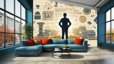 A confident professional stands on an open book, surrounded by finance and law symbols, symbolizing knowledge and entrepreneurial success Wall mural