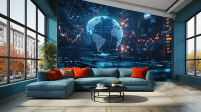 A digital representation of the Earth surrounded by data visuals and graphs in a futuristic financial setting at night Wall mural