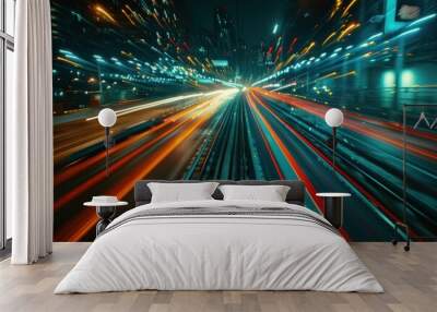 A long exposure photograph of a highway in a city at night, showing streaks of light from cars traveling at high speed Wall mural