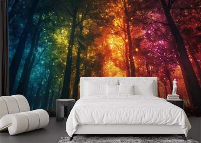 A magical forest filled with trees illuminated by colorful lights as twilight casts a dreamy atmosphere Wall mural