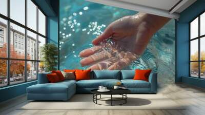 A person’s hand gently scoops water from a serene blue sea on a sunny day, showcasing the crystal-clear waves Wall mural