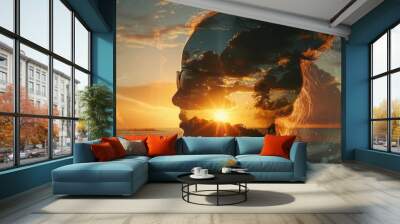 A silhouette of a woman with sunglasses against a vibrant sunset and tropical landscape, capturing a moment of serenity at dusk Wall mural