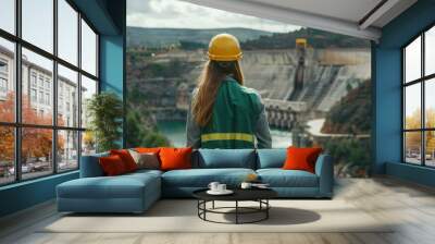 A woman in a hard hat and safety vest looks out at a dam under construction Wall mural