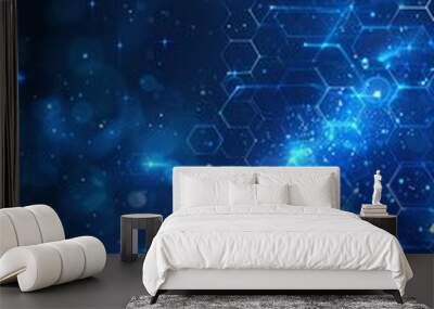 Abstract blue digital background with glowing hexagons and sparkles in a cosmic-inspired design Wall mural