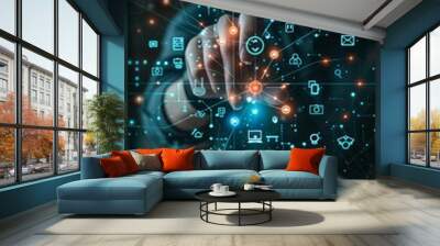 Person interacting with digital interface displaying various app icons and network connections in a dark, tech-inspired environment Wall mural