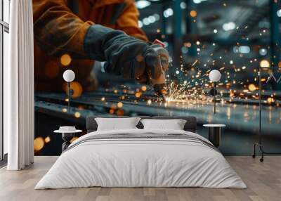 Skilled worker cutting metal with precision during nighttime in a workshop, surrounded by flying sparks and glowing lights Wall mural