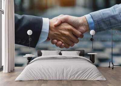 Two individuals engaged in a firm handshake in a business setting with a checkered floor Wall mural