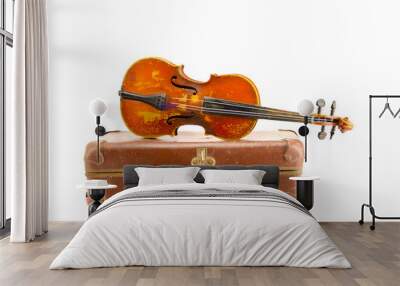 old aged suitcase and vintage violin isolated on white Wall mural