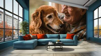 An elderly man smiles gently as he enjoys a heartfelt moment with his golden retriever, both radiating warmth and companionship. Wall mural