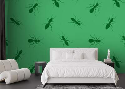 Ants seamless pattern. Green hand drawn insects on light background. Vector illustration. Wall mural