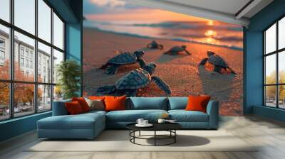 Baby sea turtles journey to the ocean at sunset, symbolizing new beginnings and survival, AI Generative. Wall mural