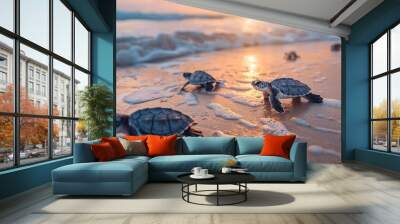 Baby sea turtles journey to the ocean at sunset, symbolizing new beginnings and survival, AI Generative. Wall mural