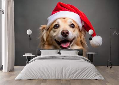 Banner dog celebrating christmas holidays wearing a red santa claus hat isolated on gray background Wall mural