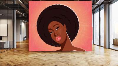 Beautiful African American ethnicity woman with Afro hair style is looking at you. Cute art work of a character. Vector illustration. Wall mural