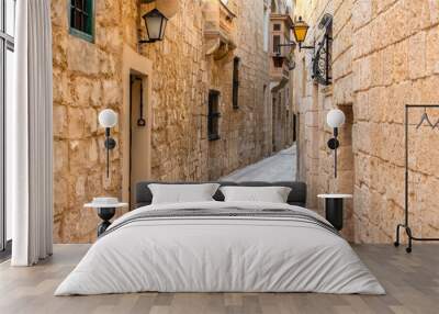 beautiful view of ancient narrow medieval street town Mdina, Malta Wall mural