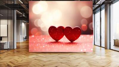 Bokeh lights on Valentine's Day red heart background. Symbolic concept of love. AI Generative. Wall mural