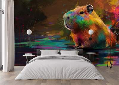 colorful capybara in water, rodent painting Wall mural