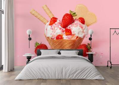 cone with scoops of ice cream strewed sprinkles, poured with glaze and decorated strawberries on pin Wall mural