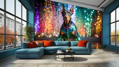 Creative animal concept. Doberman dog puppy in disco neon glitter glam shiny glow sequin outfit, copy text space. commercial, editorial advertisement party invitation invite Wall mural