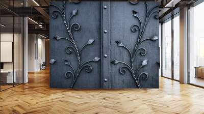 Details, structure and ornaments of forged iron gate. Floral decorative ornament, made from metal. Wall mural