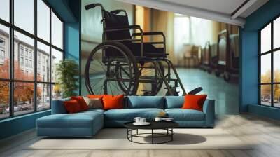 Empty wheel chair in a hospital room interior. Wheelchair in a nursing home, AI Generative Wall mural