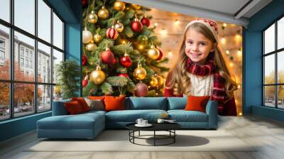 Girl in front of a christmas tree Wall mural