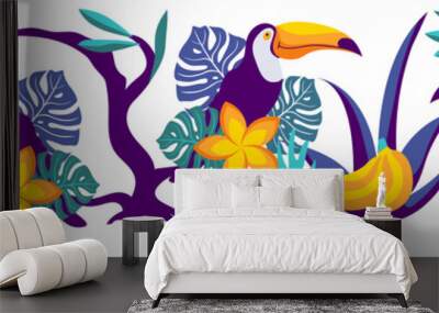 Seamless horizontal border with toucans and floral elements. Repeated ornament with exotic birds and plants. Flat vector illustration. Wall mural