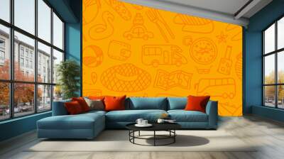 Seamless horizontal pattern with summer travel hand drawn icons on orange background. Vector illustration. Wall mural