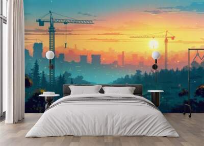 Silhouetted city skyline with two construction cranes, a sunset sky, and trees in the foreground. AI generative. . Wall mural