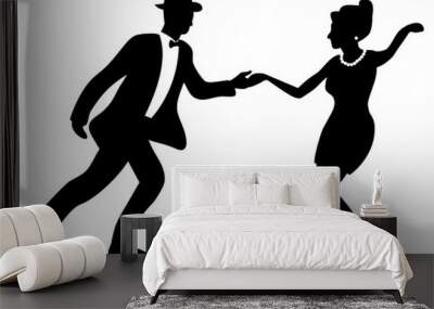 Swing dance negative couple silhouette. Black and white colors. 1940s and 1930s style. Woman with beads and man with bow tie and hat. Flat vector illustration. Wall mural