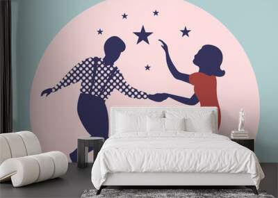 Swing dance party poster. Silhouettes of man and woman dancing lindy hop or boogie woogie. 1940s and 1950s style. Flat vector illustration. Wall mural