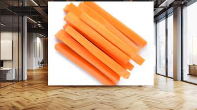 top view of pile vegetables roots of carrot chopped stripes isolated on white background, concept of vegetarian appetizer Wall mural