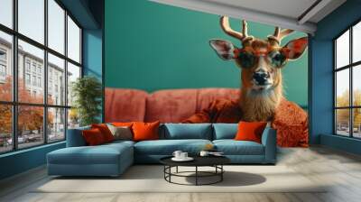 Trendy Christmas Rudolph deer with sunglasses and business suit, sitting confidently like a boss in a chair, a creative and stylish animal concept banner. AI Generative. Wall mural