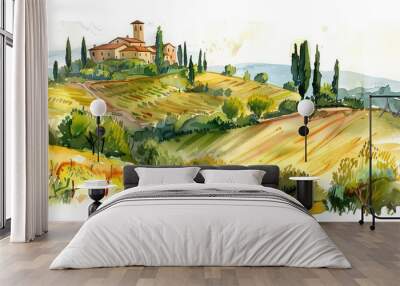 Tuscan Landscape Watercolor Illustration Scenic Italian Countryside Art for Wall Decor, Prints, and Cards Wall mural