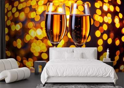 Two champagne glasses against golden bokeh lights. Christmas celebration concept.  Wall mural