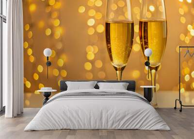 Two champagne glasses against golden bokeh lights. Christmas celebration concept.  Wall mural