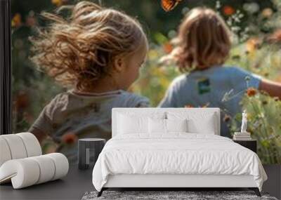 Two children joyfully chasing butterflies in a vibrant flower field, capturing the essence of carefree childhood and nature exploration. Wall mural