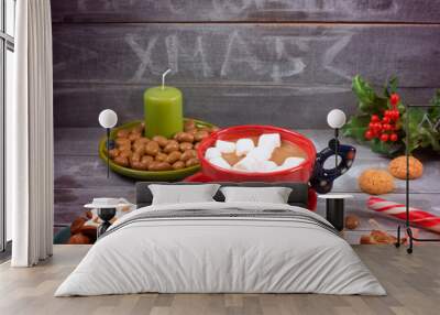 Cup of hot chocolate with marshmallows and cookies with the sprig of hol Wall mural