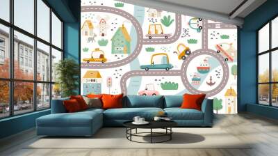 Cute Town Map. Play Mat for Kids. Cityscape with Cartoon Houses, Cars, Buildings School, Bank, Hotel, Cafe and City Road. Vector Illustration Wall mural