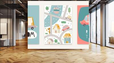 Nursery Wall Art Cute Posters Set with Different Cars and City Map. Vector Print for Baby Room, Shower Card, Kids T-shirt Wall mural