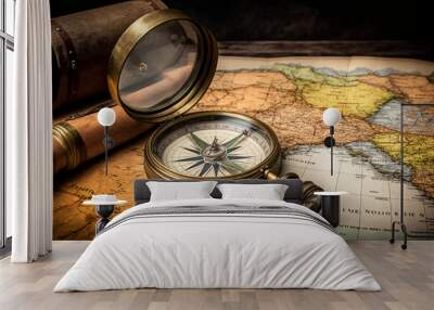 A compass lies on a map - symbolizing the idea of exploration and travel adventure Wall mural