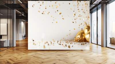 Abstract background gold fireworks and falling shiny confetti and balloon on white background Copy space Celebration and party  copy space on left Wall mural