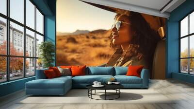 Black woman on road, enjoying window view of desert and traveling in jeep on holiday road trip of South Africa, Travel adventure drive, happy summer vacation and explore freedom of nature in the sun Wall mural