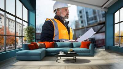 construction engineer wearing protective helmets and vests discussing project details at construction site Wall mural