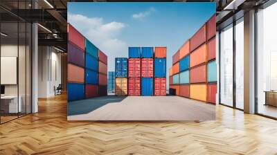 container cargo port ship yard storage handling of logistic transportation industry. row of stacking containers of freight import/export distribution warehouse. shipping logistics transport industrial Wall mural