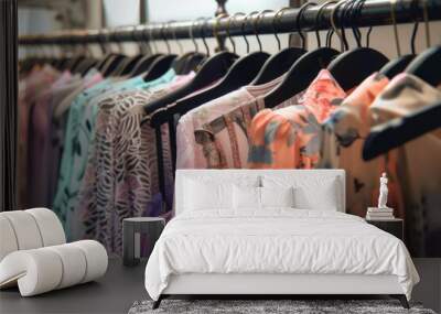 Dresses hanged on a rack in a clothing store Wall mural