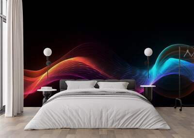 Glowing neon multicolor techno dynamic wave on black background Wall mural