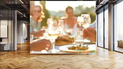 Group of friends eating a meal. Defocussed. They are drinking white wine and eating a meal and having fun. Group of friends eating a meal. Defocussed. They are drinking white wine and eating a meal an Wall mural