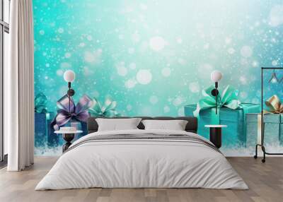 horizontal background gifts colors snow bows ribbon holiday celebration turquoise Wall mural