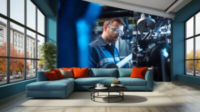 Male professional examining machine at factory Wall mural